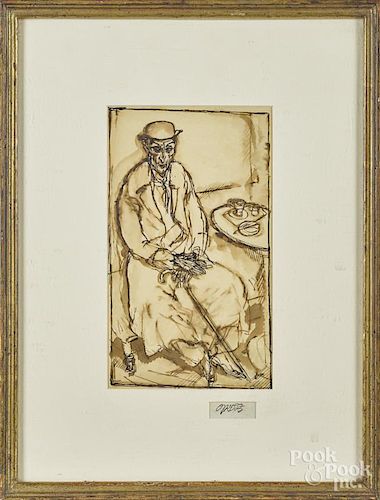 George Grosz (American 1893-1959), ink and watercolor seated gentleman, signed lower right