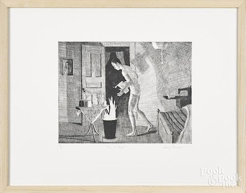 Larry Francis (American 20th c.), engraving, titled Fire at Night, signed lower right