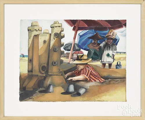 Peyter Paone (American, b. 1936), watercolor of a family at the beach, signed lower left