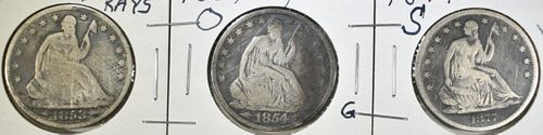1853, 54 O , 77 S SEATED LIBERTY HALF DOLLARS VG/G