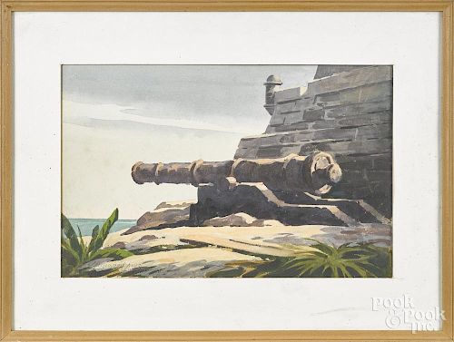 Watercolor coastal scene with a cannon, signed Greenwood, 10'' x 15''.