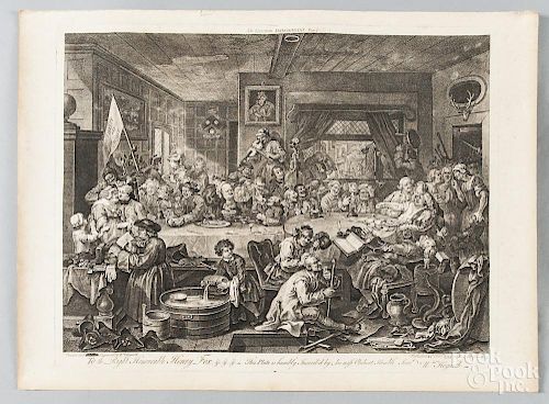 Four William Hogarth engravings, 18th c., titled The Polling, An Election Entertainment