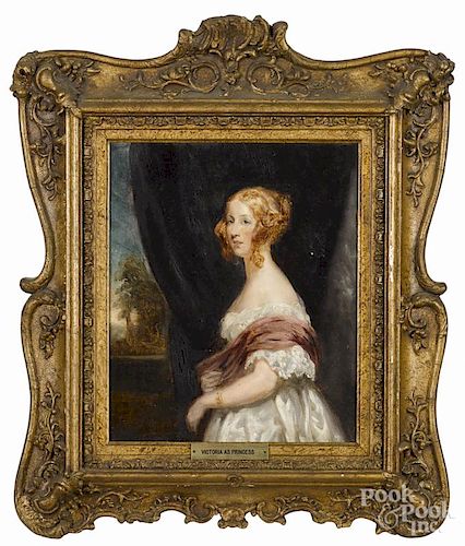 English oil on panel portrait of Victoria as Princess, 19th c., 11 3/4'' x 10''.