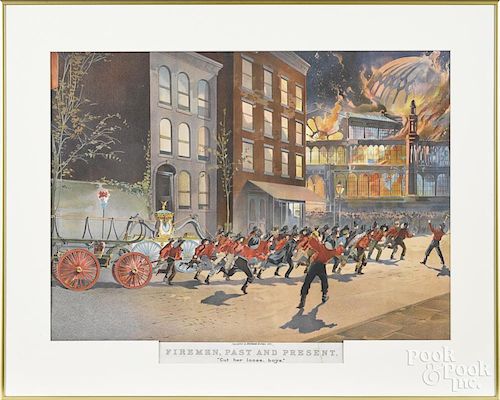 Buchanan & Lyall color lithograph, titled Firemen Past and Present, 17 1/4'' x 24''.