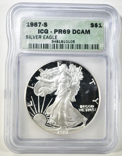 1987 S AMERICAN SILVER EAGLE ICG PR 69 DCAM
