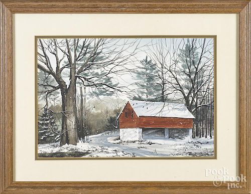 Linda Pincock (American 20th c.), watercolor winter landscape, signed lower right, 12 1/2'' x 18''.