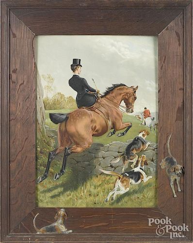 Chromolithograph fox hunt scene, after Charlton, housed in an oak frame with relief hounds
