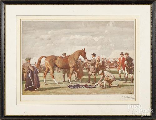 A. J. Munnings, pencil signed horse racing lithograph, 15'' x 22 3/4''.