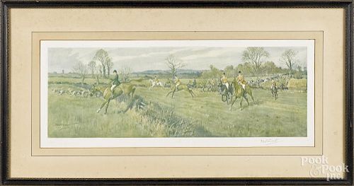 F. A. Stewart, pencil signed chromolithograph of a fox hunting scene, 8 1/4'' x 24''.