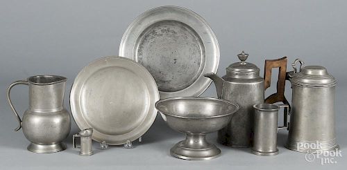 Eight pieces of Continental pewter, to include a tankard, marked Yates, 8'' h.