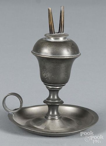 New England pewter oil lamp, 19th c., 6 1/4'' h.