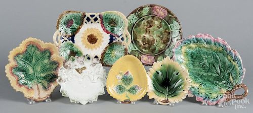 Six pieces of Majolica, to include an Etruscan leaf dish, together with a milk glass dish