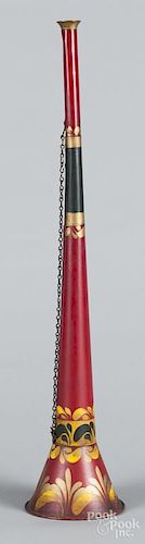 Tole decorated fire horn, 20th c., 26'' h.