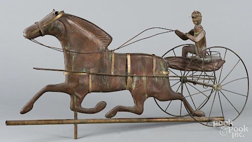 Copper horse and sulky weathervane, 20th c., 15 1/2'' h., 32 1/2'' w.