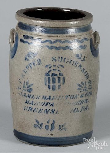 Western Pennsylvania three-gallon stoneware crock, 19th c., inscribed T. F. Reppert