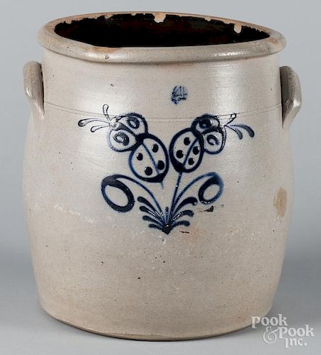 Four-gallon stoneware crock, 19th c., with cobalt floral decoration, 12 1/2'' h.