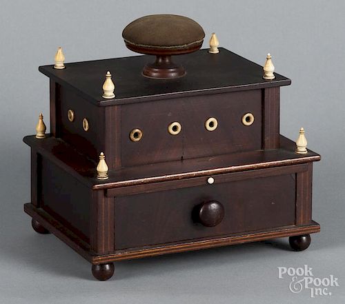 Mahogany sewing box, 19th c., with ivory accents, 6 1/2'' h., 7'' w.