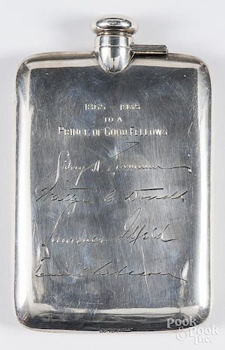 Sterling silver flask, initialed JE and inscribed 1865-1935 To A Prince of Good Fellows