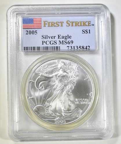 2005 AMERICAN SILVER EAGLE PCGS MS 69 FIRST STRIKE
