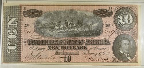 1864 $10 CONFEDERATE NOTE AU/CU