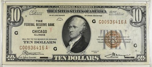1929 $10 FEDERAL RESERVE BANK OF CHICAGO CU