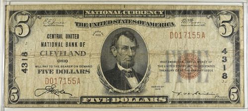 1929 $5 CENTRAL UNITED NATIONAL BANK OF CLEVELAND