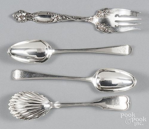 Pair of Georgian silver serving spoons, together with a Bailey & Co. spoon