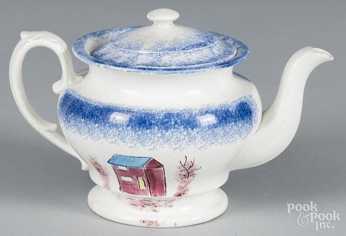 Blue spatter shed teapot, 19th c., 5 3/4'' h.