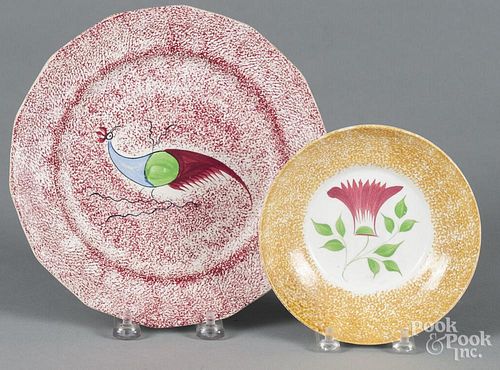 Red spatter peafowl plate, 19th c., 8 1/2'' dia., together with a yellow thistle saucer, 6'' dia.