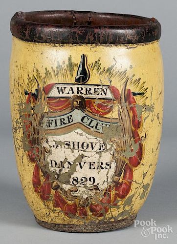 Painted leather fire bucket, inscribed Warren Fire Club J Shove Danvers 1829, 12 1/2'' h.