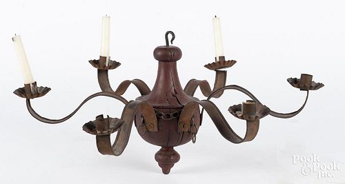 Modern tin and painted wood chandelier, 12'' h., 25 1/2'' w.