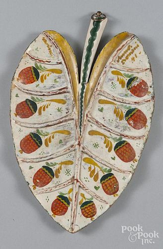 Painted wood leaf-form dish, dated '41, 14 3/4'' l.