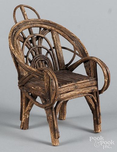 Doll's Adirondack twig chair, early 20th c., 11'' h.