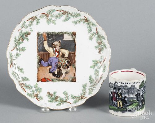 Staffordshire Northern Spell child's cup, 2 3/4'' h., together with a plate with transfer decoration