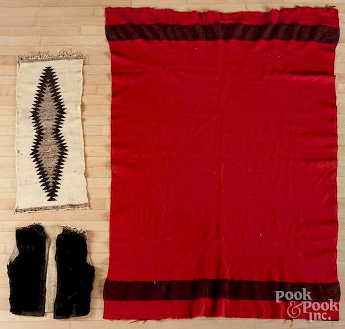 Six small Native American weavings, together with a fur vest and a Hudson Bay blanket.