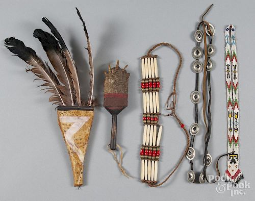 Native American accessories, to include a concha belt, a beaded sash, etc.