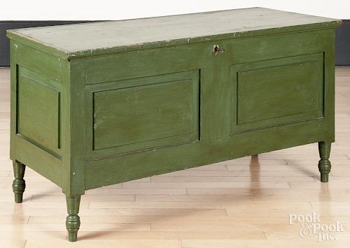 Painted pine blanket chest, early 19th c., retaining an old green surface over the original blue