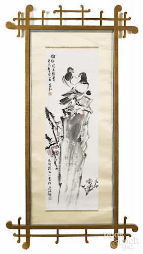 Oriental watercolor scroll, 40'' x 13''.
