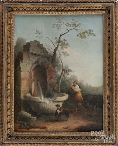 Pair of Continental oil on canvas landscapes, 18th c., each with a young woman and child, 20'' x 15''.