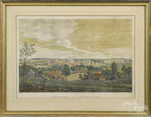 Two color engravings, after Thomas Birch, titled Bethlehem Pennsylvania