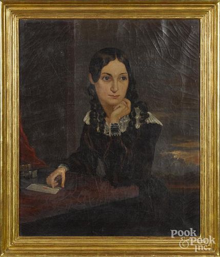 American oil on canvas portrait of a young woman, mid 19th c., housed in a Badura frame, 30'' x 25''.