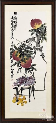 Oriental watercolor scroll, 52 1/2'' x 19''.