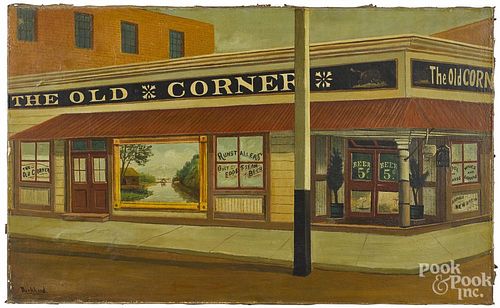 American oil on canvas of The Old Corner Saloon, early 20th c., signed Burkhard, 22'' x 36''.