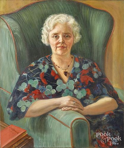 Julia Greenwood (American, early/mid 20th c.), oil on canvas portrait of a woman, signed lower left