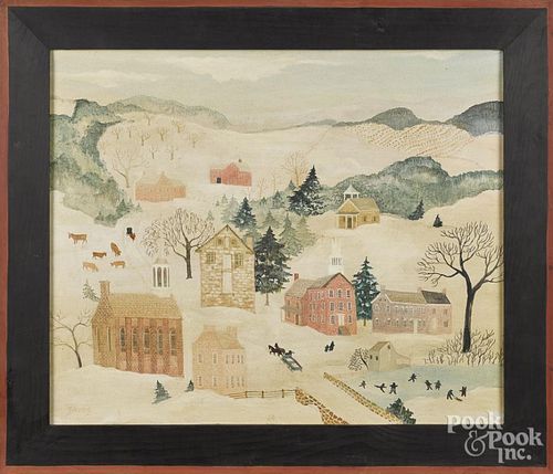 Jeanne Davies (American, b. 1936), oil on canvas winter town scene, signed lower left, 20'' x 24''.