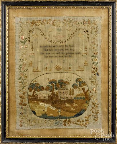English silk on linen sampler, dated 1812, wrought by Mary Ann Hunt, 16 3/4'' x 12 3/4''.