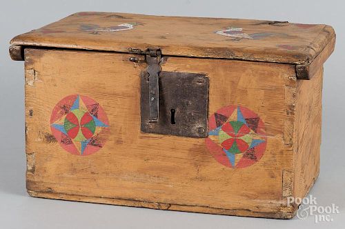 Painted pine lock box, 18th c., with later decoration, 12'' h., 21 3/4'' w.