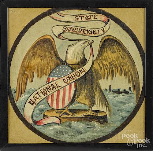 Patriotic oil on canvas, early 20th c., with an American eagle holding a banner