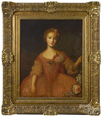 Continental oil on canvas portrait of a young woman, early 19th c., with early label on verso