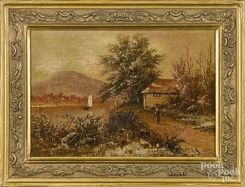 Pair of Hudson River oil on canvas landscapes, late 19th c., signed S. Salton, 9'' x 13''.
